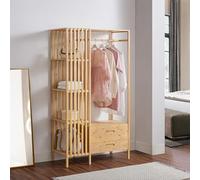 [en.casa] Portemanteau avec Barre de Penderie 2 Tiroirs 4 Compartiments de Rangement Portant à Vêtements pour Entrée Dressing Chambre Bambou 185 x 100 x 45 cm Naturel