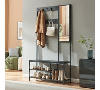 [en.casa] Portemanteau avec Miroir et Étagère à Chaussures Vestiaire Banc Intégré 7 Crochets Flexibles 2 Compartiments Rangement Entrée Métal Panneau de Particules Verre 180 x 80 x 35 cm Noir
