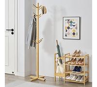 [en.casa] Portemanteau sur Pied à 12 Patères Meuble d'Entrée à Crochets pour Vêtements Sacs Accessoires avec Pieds Réglables Bambou 176 x 38 x 38 cm Naturel