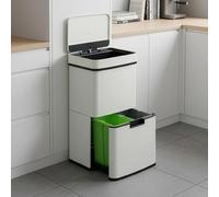 [en.casa] Poubelle à Capteur avec Compartiments Séparés 62L Tri Sélectif Ouverture Hygiénique via Capteur ou Bouton Fermeture Silencieuse Cuisine Acier Inoxydable Plastique 75 x 42 x 32 cm Beige