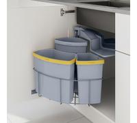 [en.casa] Poubelle Encastrable avec Seaux Amovibles et Couvercle Tri Sélectif Pivotant Sous Évier 3 Bacs Séparés 2 x 12 L et 1 x 6 L Peu Encombrant Cuisine Plastique Acier 46 x 46 x 51 cm Gris