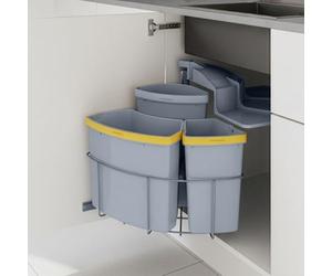 [en.casa] Poubelle Encastrable avec Seaux Amovibles et Couvercle Tri Sélectif Pivotant Sous Évier 3 Bacs Séparés 2 x 12 L et 1 x 6 L Peu Encombrant Cuisine Plastique Acier 46 x 46 x 51 cm Gris