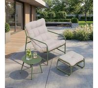 [en.casa] Salon de Jardin 3 Pièces avec Fauteuil Repose-Pieds Table d'Appoint pour Balcon Véranda Terasse Extérieur Chaise Confortable avec Coussins Acier Mousse Tissu Vert Clair Gris