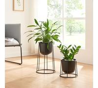 [en.casa] Set de 2 Porte-Plantes avec Cache-Pots Inclus Ensemble de 2 Support pour Plantes de Tailles Variées Lot de 2 Présentoirs Design pour Fleurs Métal Noir