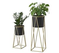 [en.casa] Set de 2 Supports de Plante Cache-Pot Pot de Fleur Bac à Fleurs Vase Métal Couleur Laiton et Noir Tailles Différentes