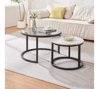 [en.casa] Set de 2 Tables Basses Rondes Gigognes de Tailles Différentes Table d'Appoint Bout de Canapé Gain de Place Design Moderne Stable Verre Trempé Acier MDF Verre Fumé Effet Marbre Blanc