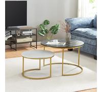 [en.casa] Set de 2 Tables Basses Rondes Gigognes de Tailles Différentes Table d'Appoint Bout de Canapé Design Intemporel Peu Encombrant Panneaux de Particules Acier Laqué Effet Marbre Noir Blanc Doré