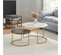 [en.casa] Set de 2 Tables Basses Rondes Gigognes de Tailles Différentes Table d'Appoint Bout de Canapé Design Intemporel Panneaux de Particules Acier Laqué Effet Marbre Blanc Noir Doré