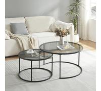 [en.casa] Set de 2 Tables Basses Rondes Gigognes pour Salon Ensemble de 2 Tables d'Appoint de Tailles Différentes Métal Verre Trempé Fumé Noir Transparent
