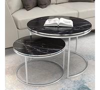 [en.casa] Set de 2 Tables Basses Rondes Gigognes Table d'Appoint Bout de Canapé Robuste Polyvalente Design Moderne Salon Séjour Chambre Panneau de Particules Métal Effet Marbre Noir Argent