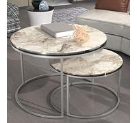 [en.casa] Set de 2 Tables Basses Rondes Gigognes Table d'Appoint Bout de Canapé Robuste Polyvalente Design Moderne Salon Séjour Chambre Panneau de Particules Métal Effet Marbre Blanc Argent