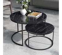 [en.casa] Set de 2 Tables Basses Rondes Gigognes Table d'Appoint Bout de Canapé Robuste Polyvalente Design Moderne Salon Séjour Chambre Panneau de Particules Métal Effet Marbre Noir