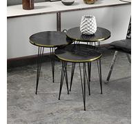 [en.casa] Set de 3 Tables d'Appoint Lot de Bouts de Canapé Polyvalentes Rondes Gigognes Panneau de Particules Métal Marbre Noir Or Noir
