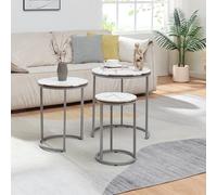[en.casa] Set de 3 Tables d'Appoint Lot de Bouts de Canapé Polyvalentes Rondes Gigognes Panneau de Particules Métal Marbre Blanc Argent