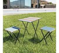 [en.casa] Set de Bistrot avec Table et 2 Tabourets Pliantes Ensemble de Meubles de Jardin Table Réglable en Hauteur Extérieur Intérieur Métal Bois de Pin Noir Mutlicolore Bleu