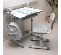 [en.casa] Set de Bureau et Chaise pour Enfant à Hauteur Réglable avec Plateau Inclinable Compartiments à Crayons Tiroir Crochet pour Sacs MDF Métal Plastique Gris Blanc