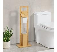 [en.casa] Set de Porte-Papier Toilette sur Pied Support Brosse Amovible Ensemble Meubles WC Stylé Bambou Acier Inoxydable Plastique 83 x 28 x 18 cm Naturel Argenté Blanc