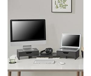 [en.casa] Support d'Écran Réhausseur de Moniteur Réglable avec 2 Tiroirs pour Télé Moniteur Ordinateur Portable Panneau de Particules 60 x 22 x 11 cm Gris Foncé