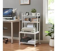 [en.casa] Support d'Imprimante à Roulettes Maniables avec Étagères et Module de Prises Integré Chariot de Service Multifonctionnel avec Freins Bureau Métal Panneau de Particules 100 x 55 x 38 cm Blanc
