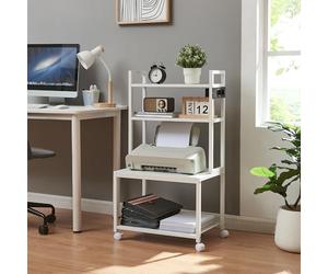 [en.casa] Support d'Imprimante à Roulettes Maniables avec Étagères et Module de Prises Integré Chariot de Service Multifonctionnel avec Freins Bureau Métal Panneau de Particules 100 x 55 x 38 cm Blanc