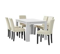 en.casa Table à manger blanc mat avec 6 chaises crème cuir-synthétique rembourré 140x90