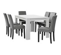 en.casa Table à manger blanc mat avec 6 chaises gris brilliant cuir synthétique rembourré 140x90