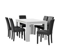 en.casa Table à manger blanc mat avec 6 chaises gris foncé cuir synthétique rembourré 140x90