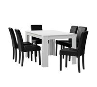 en.casa Table à manger blanc mat avec 6 chaises noir cuir synthétique rembourré 140x90