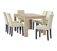 en.casa Table à manger chêne brilliant avec 6 chaises crème cuir-synthétique rembourré140x90