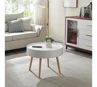 [en.casa] Table Basse avec Plateau Amovibe Table d'Appoint avec Surface Lisse Compartiment de Rangement Fermé Bout de Canapé Table de Chevet Ronde MDF Bois de Pin Flanelle 45 x 60 cm Blanc Naturel