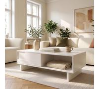 [en.casa] Table Basse avec Tiroir Katanshumn 110 x 55 x 39 cm Blanc | grand plateau rectangulaire, tiroir Push-to-Open, compartiments de rangement, construction robuste, design épuré