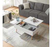 [en.casa] Table Basse de Salon Design Élégant avec Plateau Relevable et Coulissant 2 Compartiments de Rangement Intérieurs Pratiques Panneau de Particules 92 x 52 x 41 cm Blanc