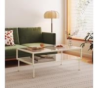 [en.casa] Table Basse de Salon Stylée au Design Moderne avec Tablette Inférieure Rangement Supplémentaire Plateau Rectangulaire Stable Acier Verre Strié 100 x 50 x 46 cm Blanc Crème