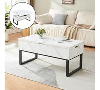 [en.casa] Table Basse de Salon Stylée avec Plateau Relevable et Rabattable 3 Compartiments de Rangement Table d'Appoint Moderne Stable Panneau de Particules Acier 100 x 50 x 47 cm Effet Marbre Blanc