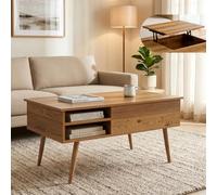 [en.casa] Table Basse de Salon Vasdabod 96 x 59 x 50 cm Effet chêne | grand plateau rectangulaire relevable, compartiments de rangement, 4 pieds robustes, design intemporel, bureau, chambre