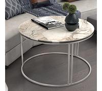 [en.casa] Table Basse Ronde Table de Nuit de Chevet Stylée Panneau de Particules Métal 50 x 70 cm Marbre Blanc Argent