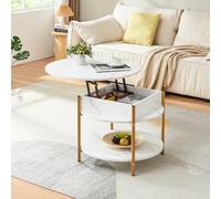 [en.casa] Table Basse Ronde Transformable avec Plateau Relevable et Compartiment de Rangement Intérieur Table d'Appoint Moderne Stable Salon Panneau de Particules Acier 70 x 49 cm Effet Marbre Blanc