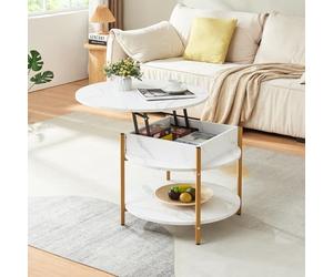 [en.casa] Table Basse Ronde Transformable avec Plateau Relevable et Compartiment de Rangement Intérieur Table d'Appoint Moderne Stable Salon Panneau de Particules Acier 70 x 49 cm Effet Marbre Blanc