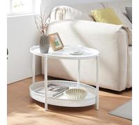 [en.casa] Table Basse Style Intemporel avec Plateau Ovale et Étagère de Rangement avec Rebord Effet Rotin pour Salon Chambre Bureau Métal 66 x 51 x 44 cm Blanc