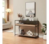 [en.casa] Table Console avec Large Plateau Rectangulaire 2 Compartiments de Rangement Ouverts Table d'Appoint Métal Panneau de Particules 110 x 40 x 80 cm Noir Effet Chêne