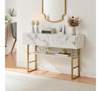 [en.casa] Table Console Design Industriel Table d'Appoint Rectangulaire Salon Entrée 2 Tiroirs et Surface de Rangement Métal Panneau de Particules 75 x 120 x 30 cm Or Effet Marbre Blanc