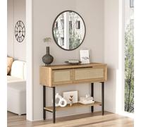 [en.casa] Table Console Design Intemporel Table d'Appoint avec 2 Compartiments de Rangement Rabattables Panneau de Particules Métal 100 x 30 x 76 cm Effet Chêne Aspect Rotin Noir