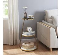 [en.casa] Table d'Appoint Design Bout de Canapé à 3 Niveaux de Rangement Panneau de Particules Métal 74 x 46 x 37 cm Marbre Blanc Noir Doré