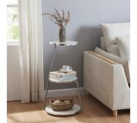 [en.casa] Table d'Appoint Design Bout de Canapé à 3 Niveaux de Rangement Panneau de Particules Métal 74 x 46 x 37 cm Marbre Blanc Argenté