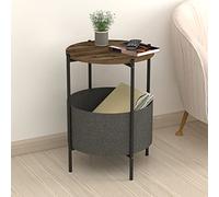 [en.casa] Table d'Appoint Ronde Bout de Canapé avec Panier de Rangement Panneau de Particules Métal Polyester 60 x 43 cm Effet Chêne Patiné Anthracite Gris