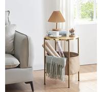 [en.casa] Table d'Appoint Ronde Bout de Canapé avec Panier de Rangement Panneau de Particules Métal Polyester 59 x 47 cm Doré Sable