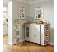 [en.casa] Table de Bar Extensible Kudebola 115 x 40 x 94 cm avec Rangement Étagère et Rotation à 360° sur roulettes Desserte Îlot de Cuisine Buffet Salle à Manger Effet Chêne Blanc