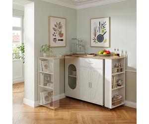 [en.casa] Table de Bar Extensible Kudebola 115 x 40 x 94 cm avec Rangement Étagère et Rotation à 360° sur roulettes Desserte Îlot de Cuisine Buffet Salle à Manger Effet Chêne Blanc