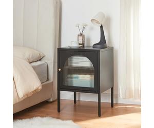 [en.casa] Table de Chevet avec Porte d'Armoire et Étagère Réglable en Hauteur Table de Nuit pour Salon Bureau Chambre Acier Laqué Verre Strié 60 x 43 x 40 cm Noir Mat
