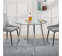 [en.casa] Table de Salle à Manger avec Plateau Rond Petite Table Élegante pour Salon Cuisine Bureau Café Verre Trempé Acier 75 x 87 cm Transparent Chrome